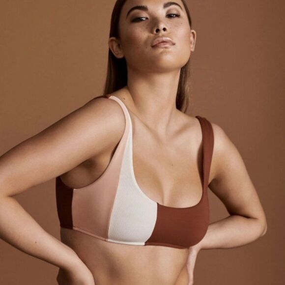 L * Space  by Monica Wise Swimsuit Top L NWT Color Block Ibiza Brown Pink White - Picture 1 of 8